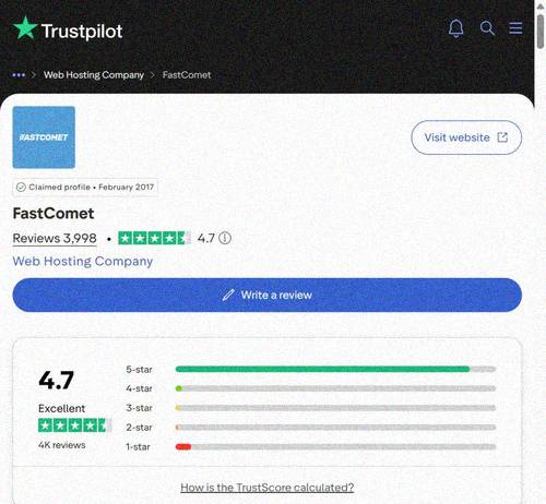 FastComet Trustpilot rating 4.7 out of 5 excellent reviews