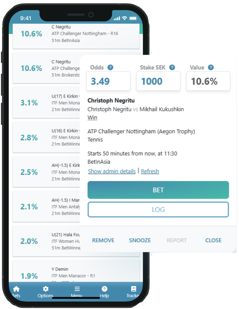 RebelBetting bet card showing a flagged value bet